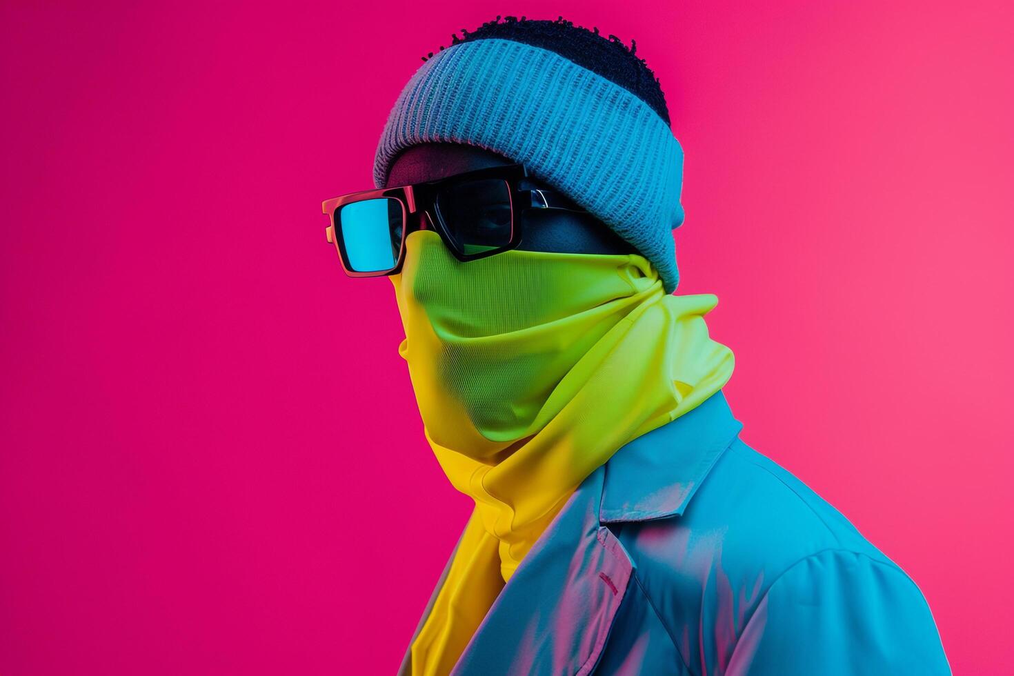 High end Fashion Male Model in Trendy Blazer with Neon Yellow Ski Mask and Neon pink Background photo