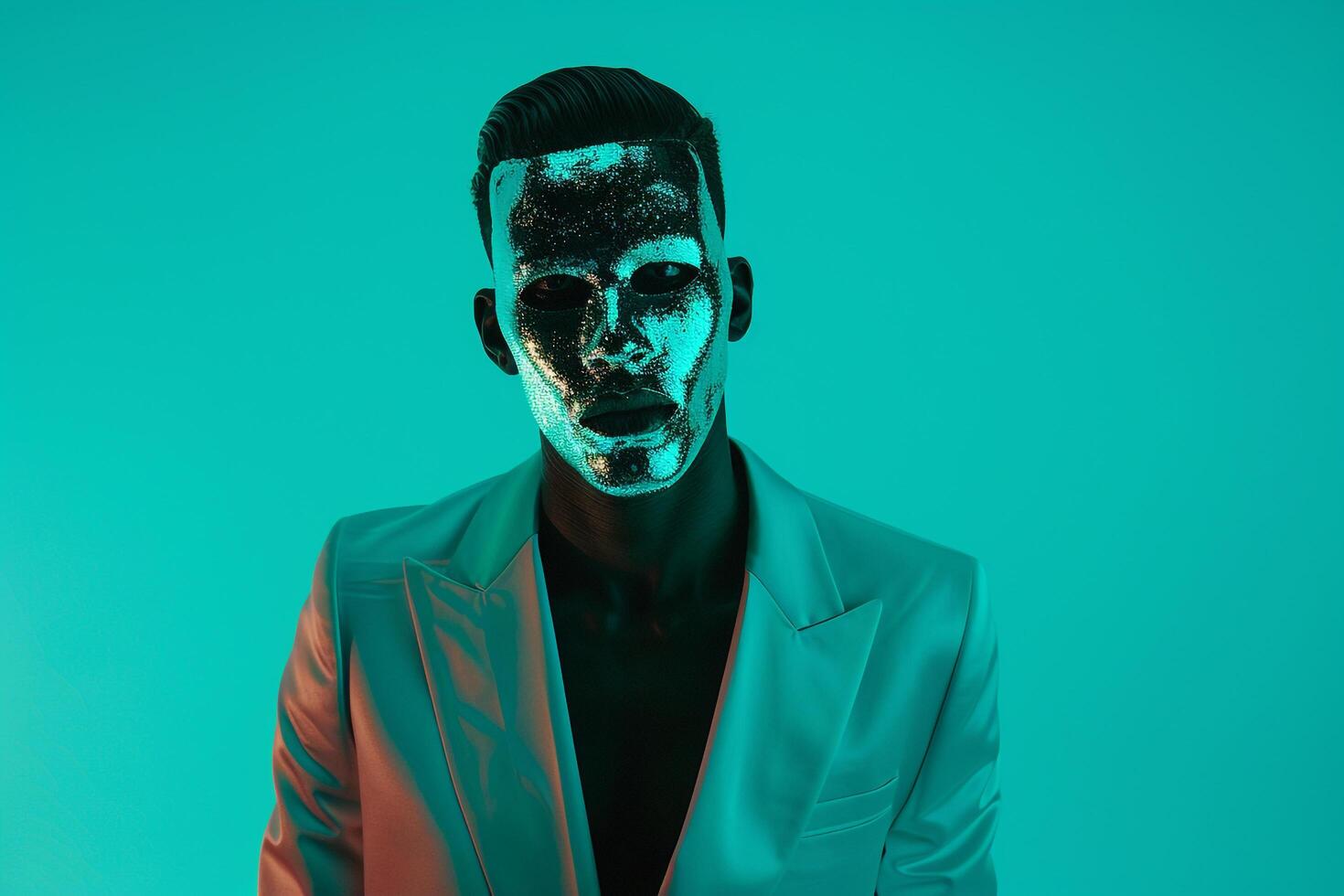Casual Blazer Fashion Male Model with Neon Teal Face Mask and Neon Lifestyle Background photo