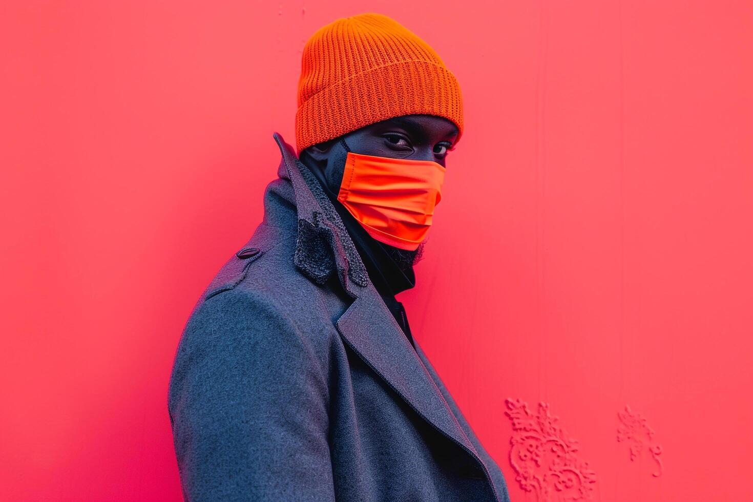 Fashion Male Model in Trendy Overcoat with Neon Orange Sneaker Mask and Neon Coral Background photo