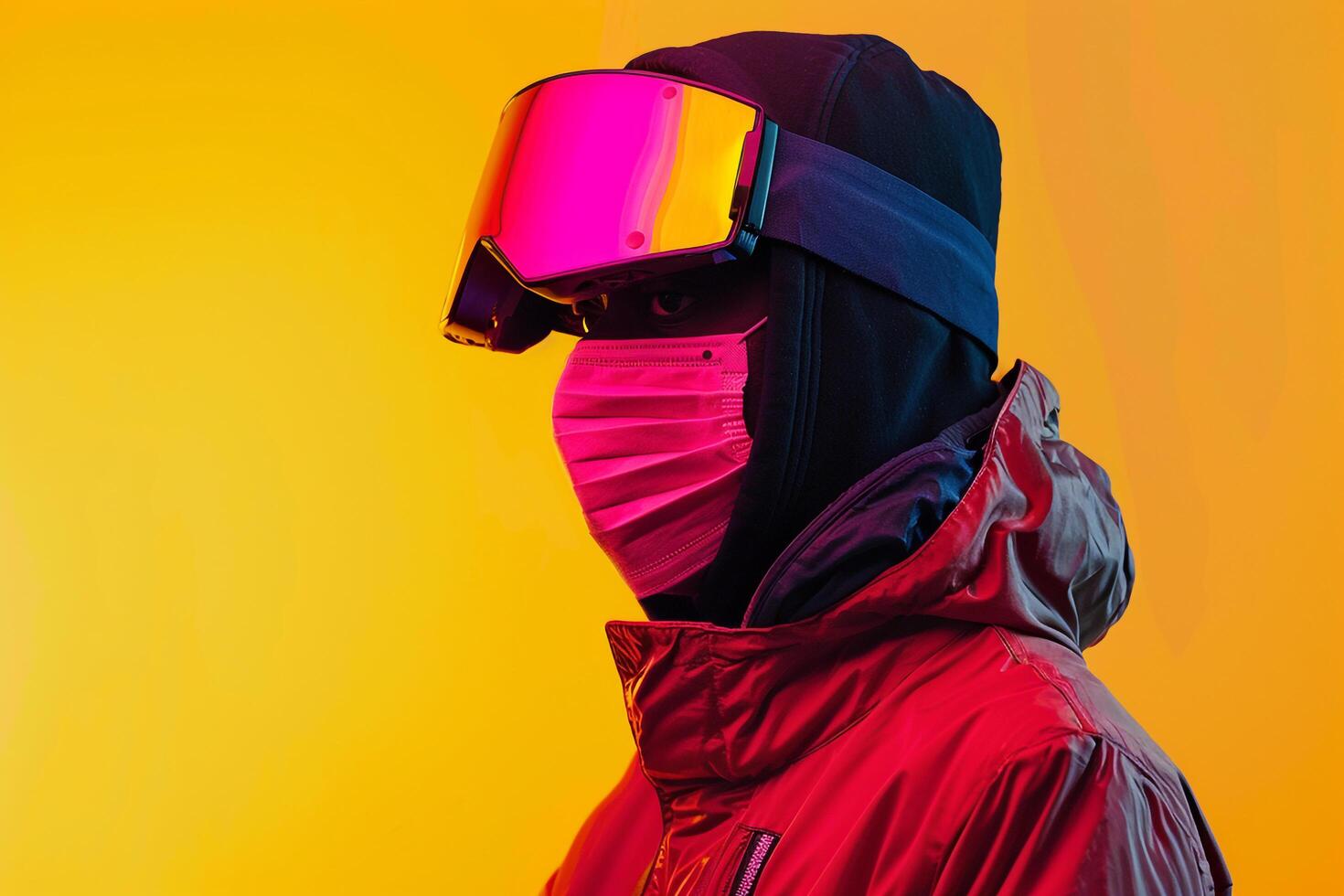 Fashion Male Model in Trendy Jacket with Neon pink Ski Mask and Neon Yellow Background photo