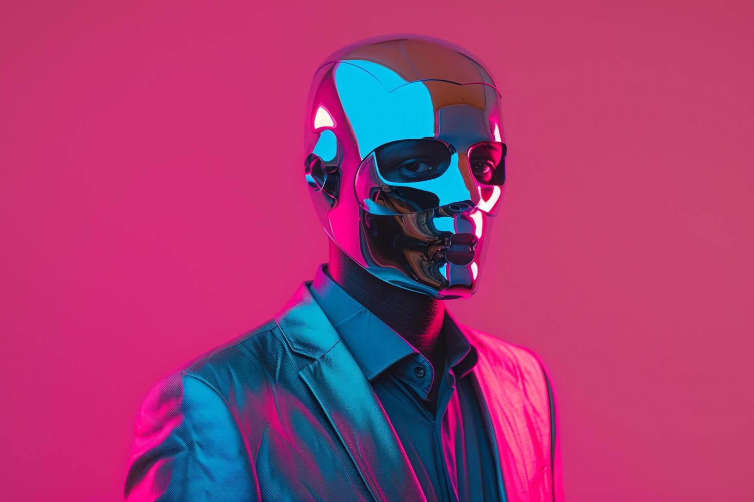 Stylish Fashion Male Model in Trendy Blazer with Males Fashion Face Mask and Neon pink Background photo
