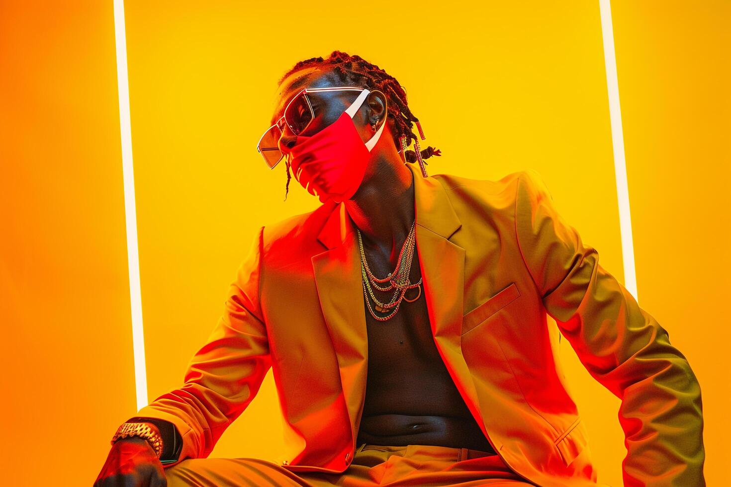 Fashionable Male Model in Trendy Blazer with Neon Red Sneakers Mask in Neon Yellow Lifestyle Background emphasizing Modern Style photo