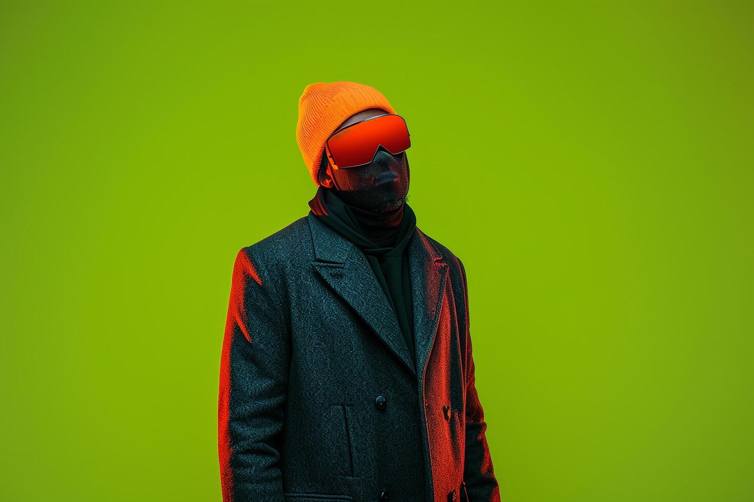 Fashion Male Model in Casual Overcoat with Neon Orange Ski Mask and Neon Green Lifestyle Background Highlighting Modern Style photo