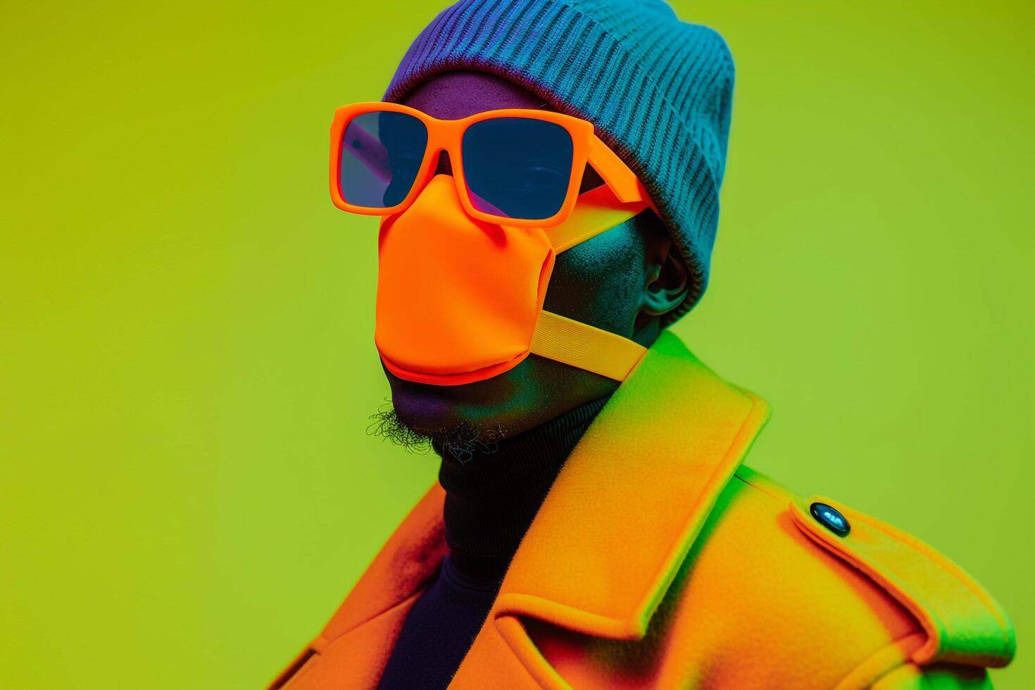 Trendy Fashion Male Model in Casual Overcoat with Neon Orange Ski Mask and Neon Green Lifestyle Background perfect for Urban Fashion photo