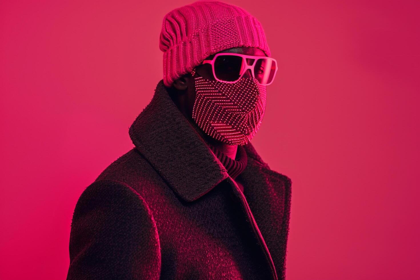 Trendy Fashion Male Model in Overcoat with Neon pink Ski Mask and Neon Red Cloth Showcasing High end Urban Fashion photo