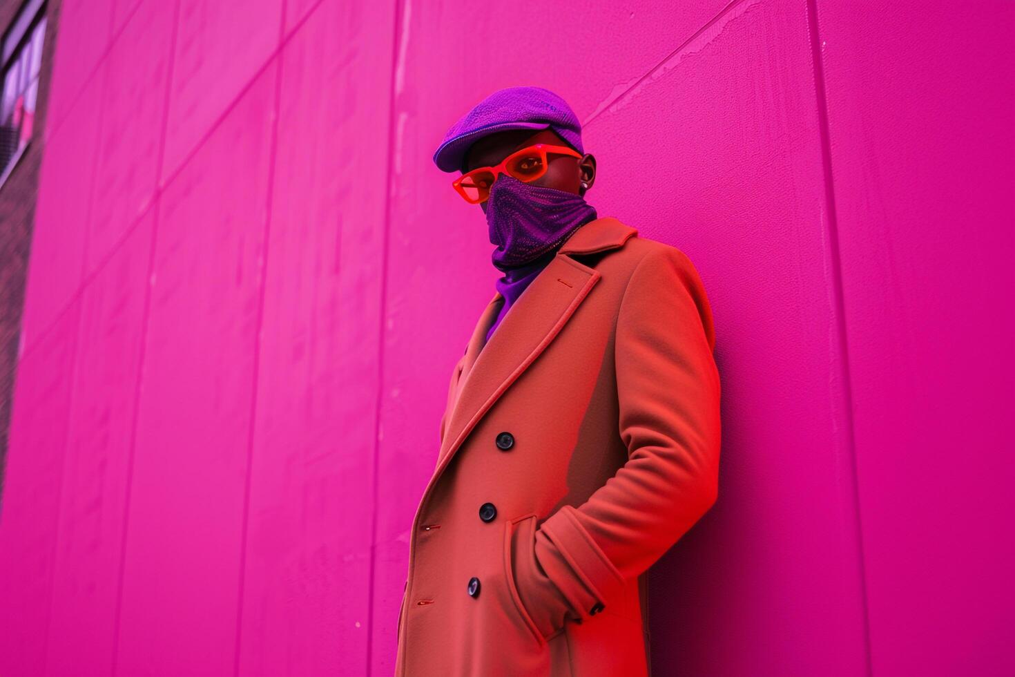 Handsome Fashion Male Model in Casual Overcoat with Neon purple Sneaker Mask and Neon Coral Lifestyle Background Highlighting Modern Style photo