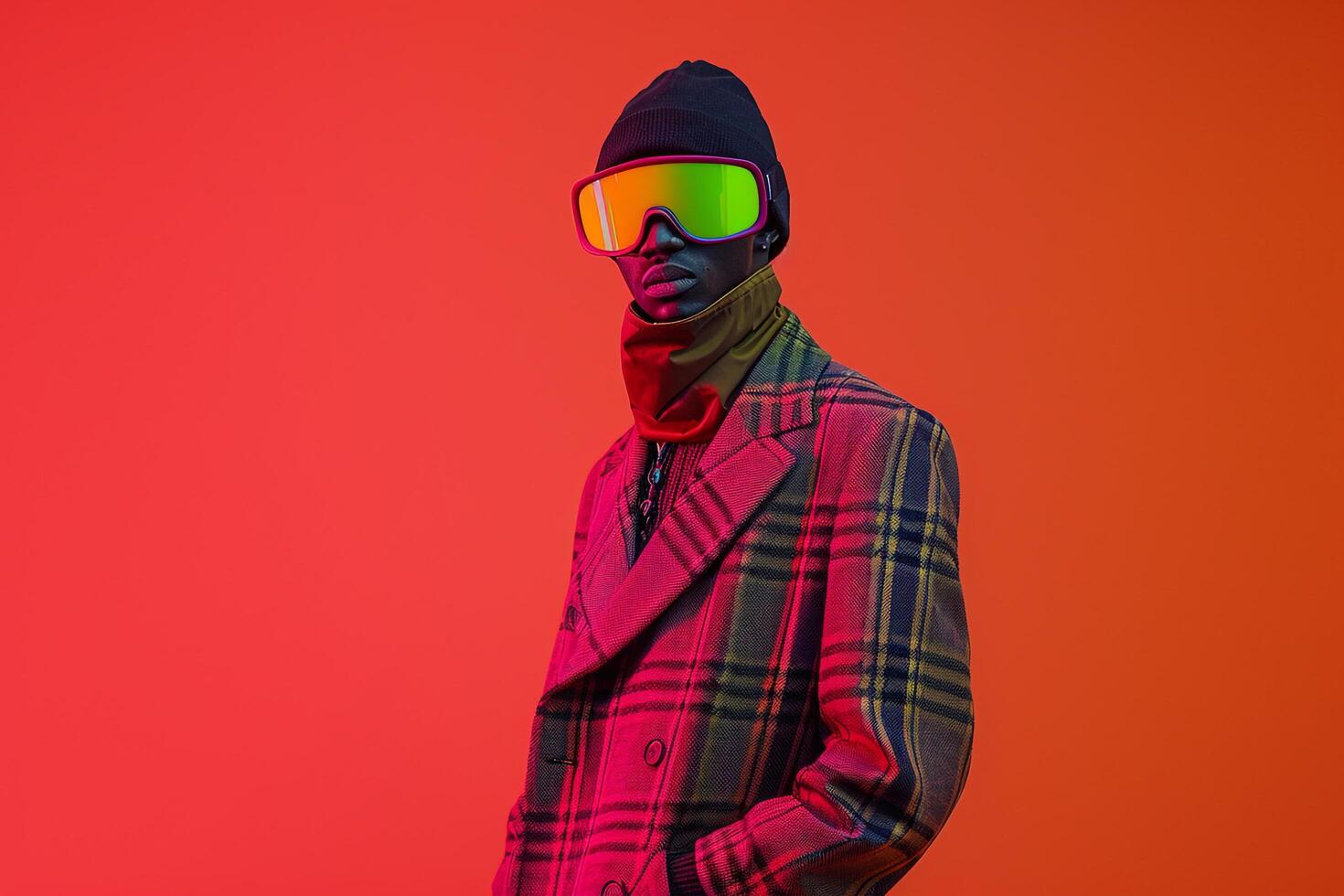 Fashionable Model in Casual Overcoat with Neon Green Ski Mask and Neon Coral Background High end Style portrait photo