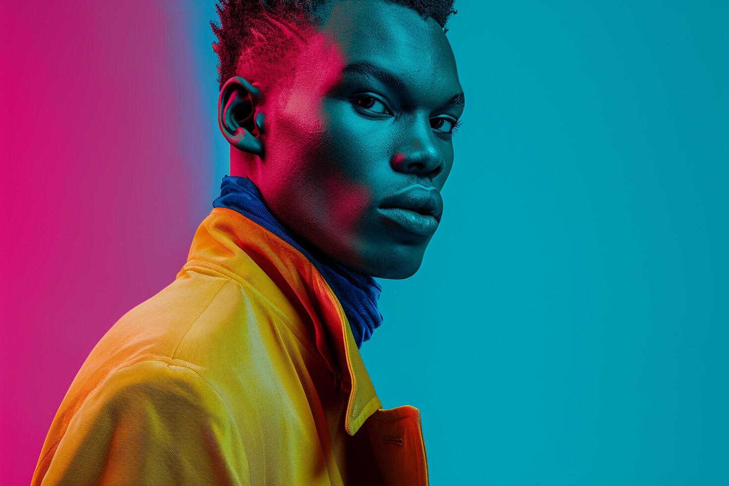 High end Fashion Model in Casual Jacket with Neon Aqua Background Trendy Lifestyle portrait photo