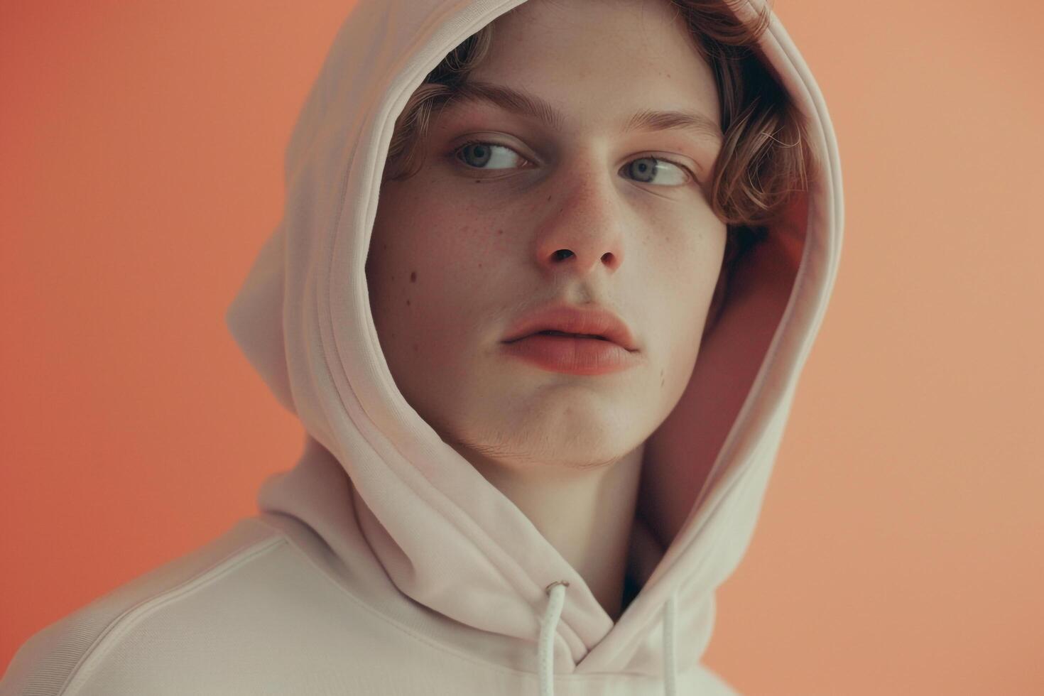 Handsome Fashion Male Model in Cozy Hoodie with Light peach Lifestyle Background Modern Males portrait with Trendy Appeal photo