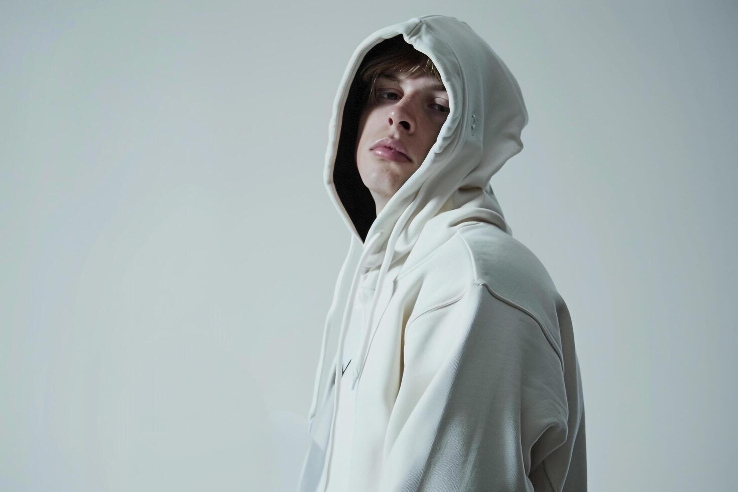 Modern Fashion Male Model in Light Cream Hoodie Contemporary Lifestyle portrait with Male Background photo