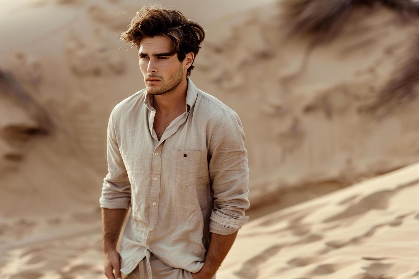 Trendy Fashion Male Model in Long Sleeve Shirt with Light Sand Background Capturing Contemporary Males portrait Fashion photo