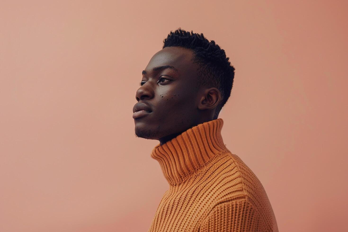 High end Fashion Male Model in pullover with Light peach Background Highlighting Stylish Males portrait photo