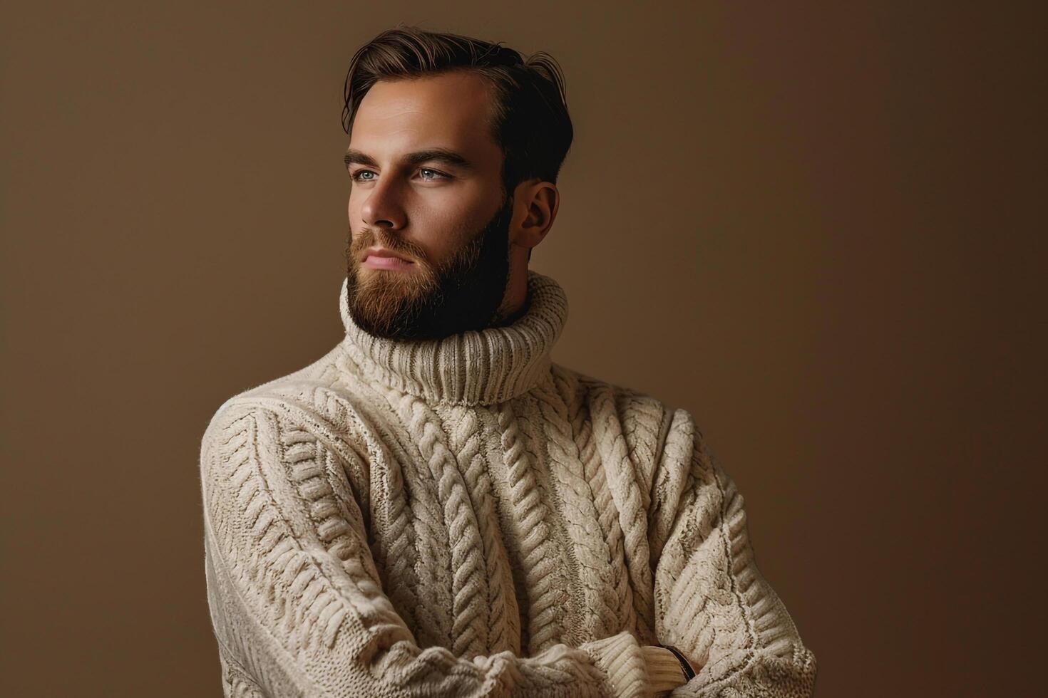 Stylish Fashion Male Model in Sweater with Light Taupe portrait Background Featuring High end Males portrait photo