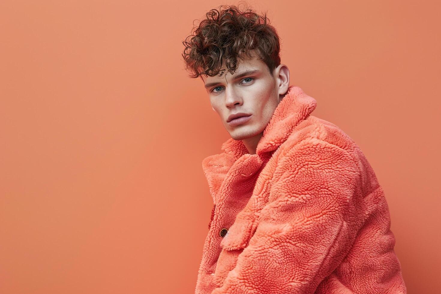 Fashionable Male Model in Fleece Jacket with Light Coral Lifestyle Background Showcasing Stylish Males portrait photo