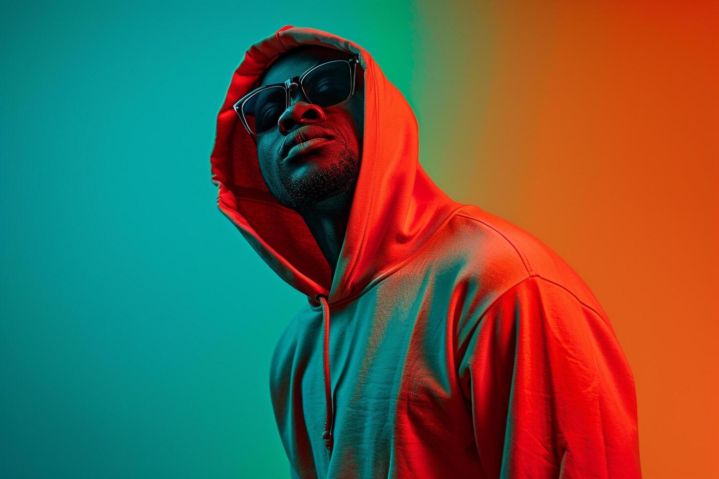 Fashionable Male Model in Neon Red Hoodie with Neon Green Background Capturing Modern Males portrait Style photo