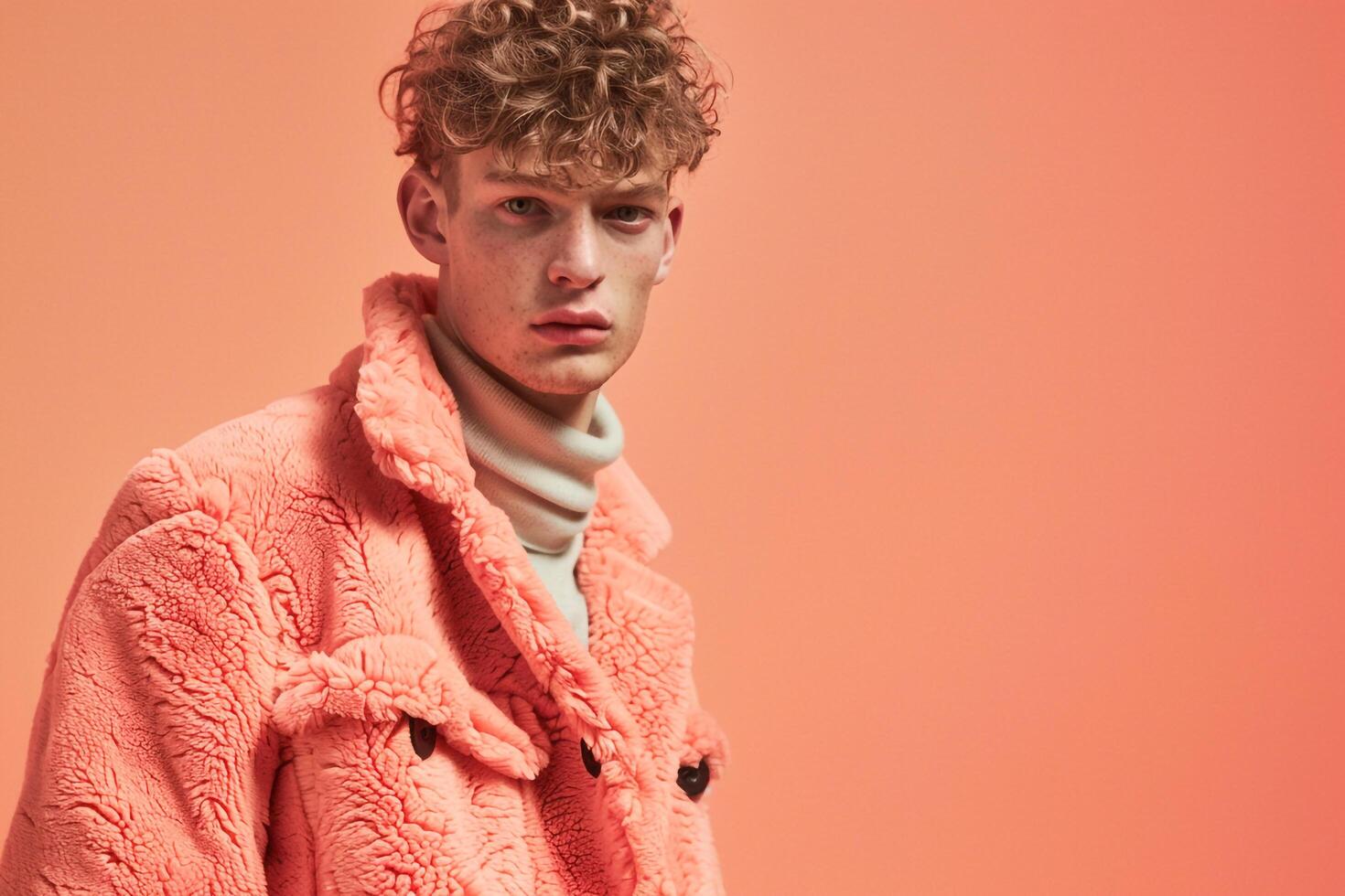Fashion Male Model in Fleece Jacket with Light Coral Lifestyle Background Highlighting Modern Males portrait photo