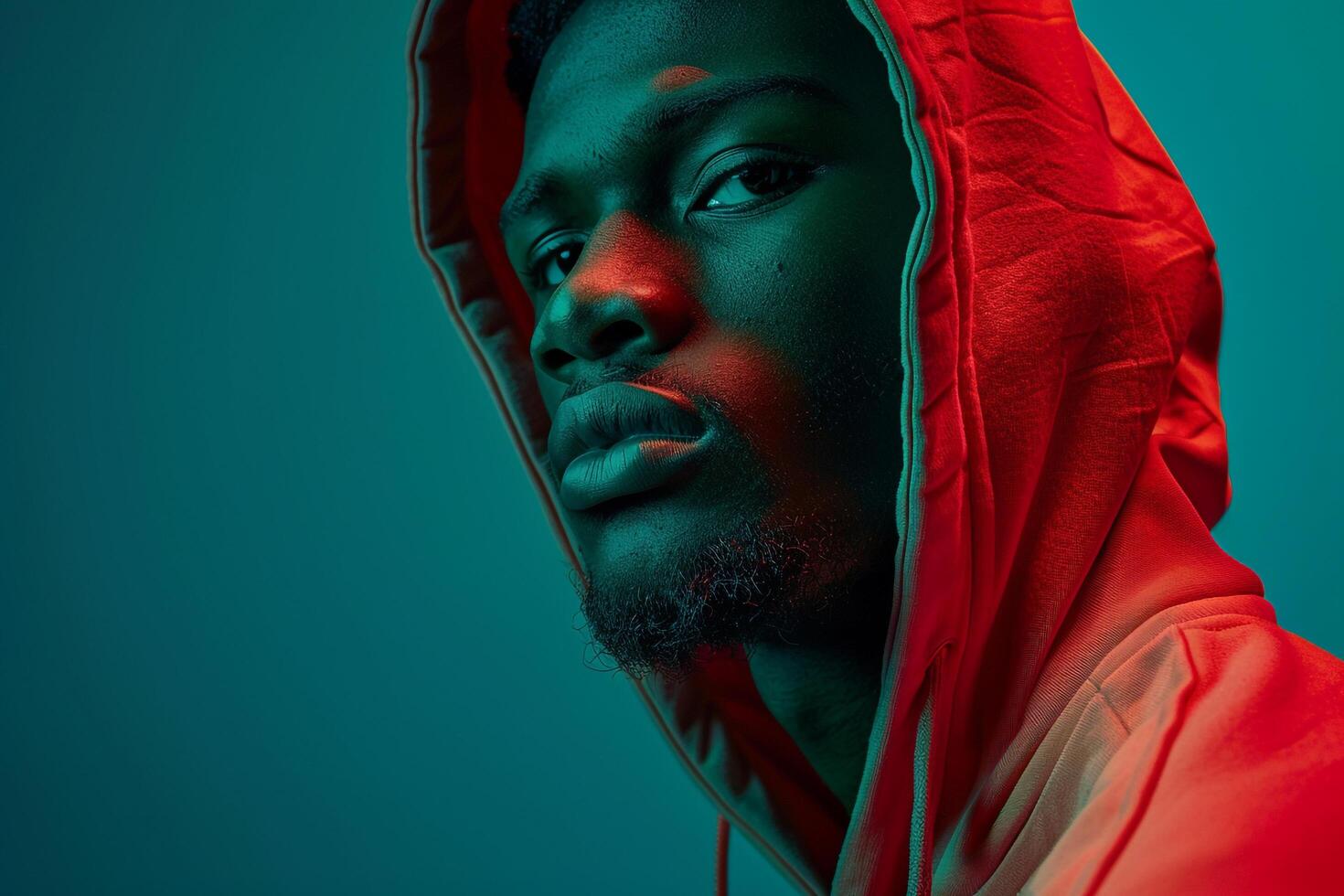 Stylish Fashion Male Model in Neon Red Hoodie with Neon Green Lifestyle Background Highlighting High end Males portrait photo