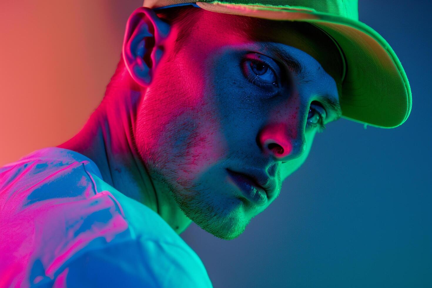 Fashionable Male Model in Neon Green Cap with Neon Blue Background Featuring Trendy Males portrait Style photo