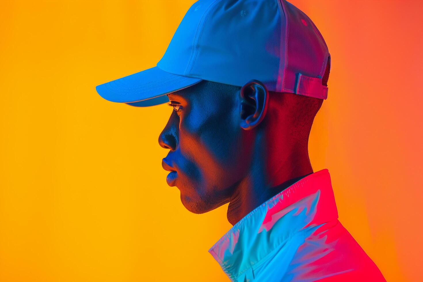 Stylish Male Model in Neon Blue Cap with Neon Orange Background Capturing High end Males portrait photo