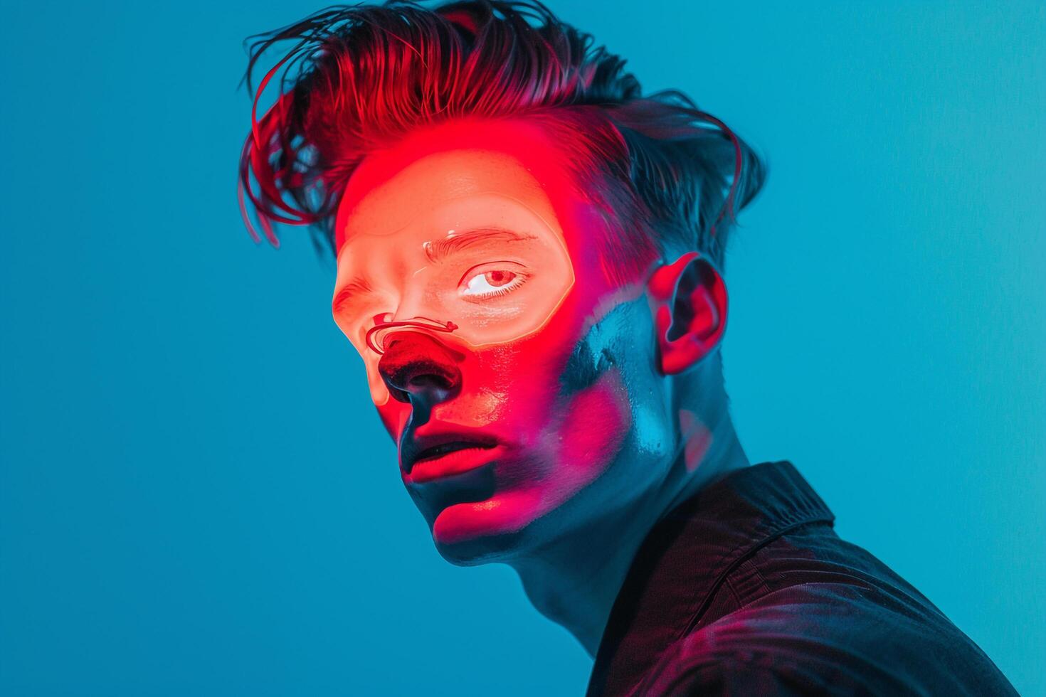 Trendy Males portrait Handsome Male Model in Neon Red Face Mask with Neon Aqua Lifestyle Background photo