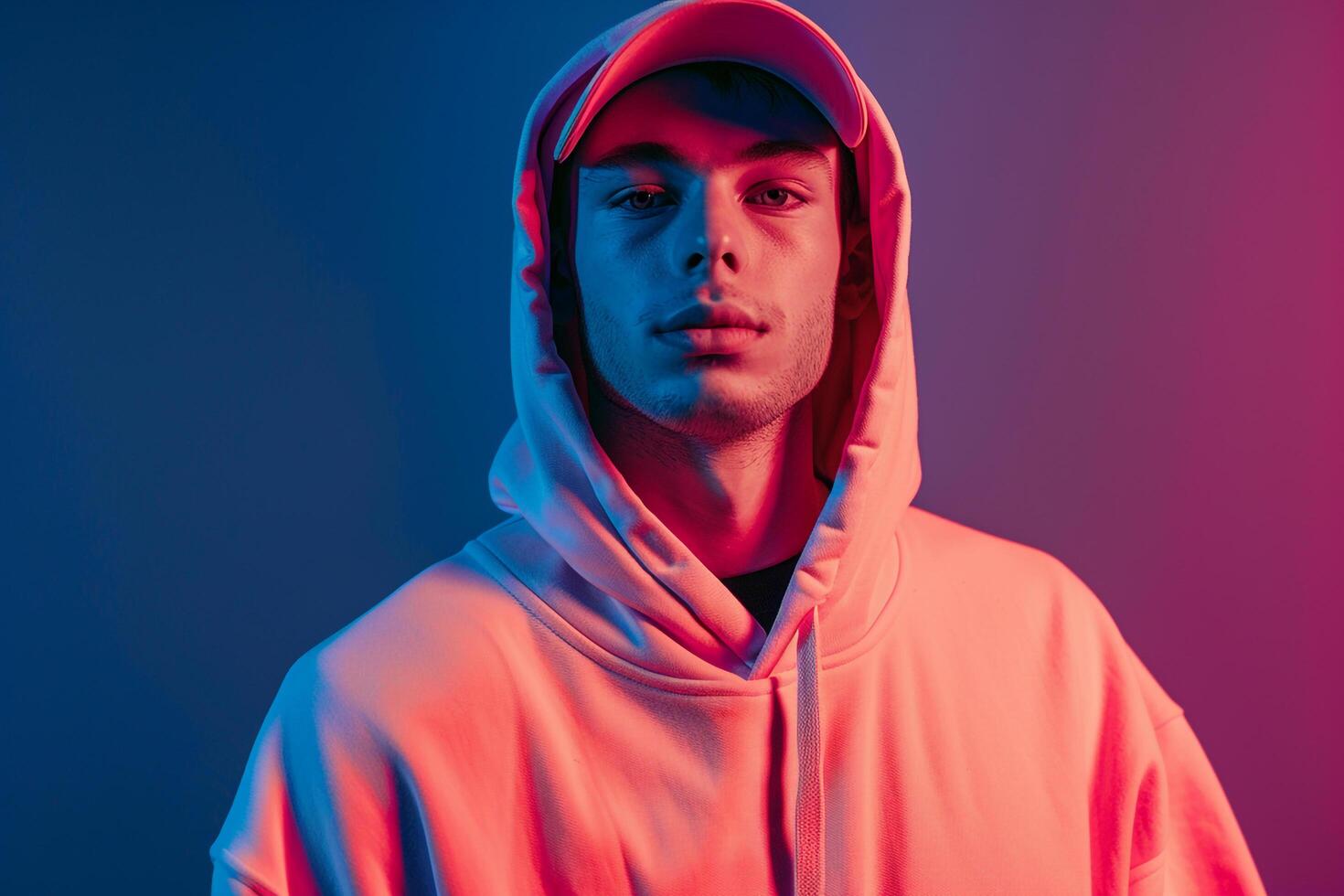 Handsome Fashion Male Model in Neon pink Hoodie with Neon Coral Lifestyle Background emphasizing Trendy Males portrait Fashion photo