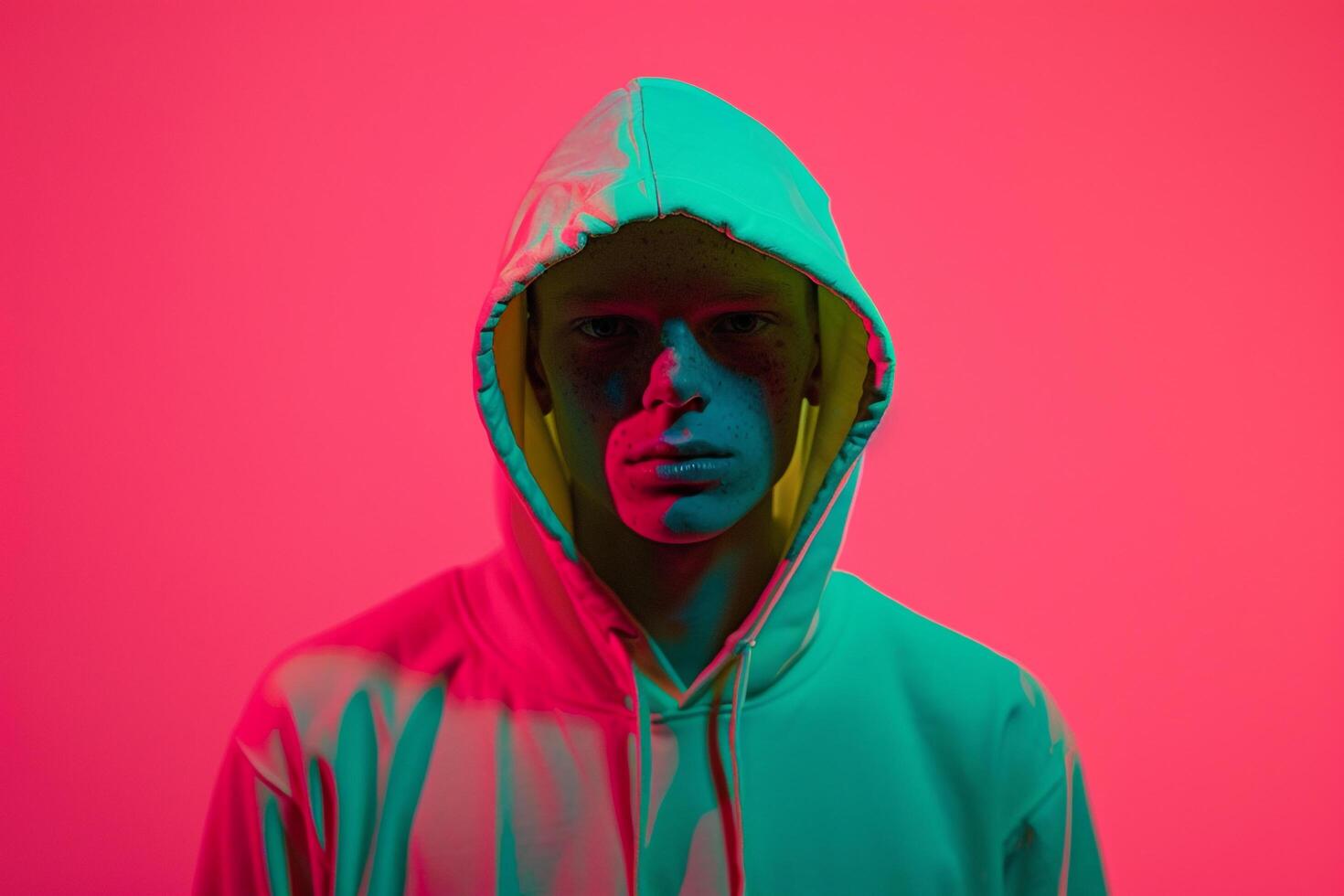 Trendy Males portrait Handsome Fashion Male Model in Neon Green Hoodie with Neon pink portrait Background photo