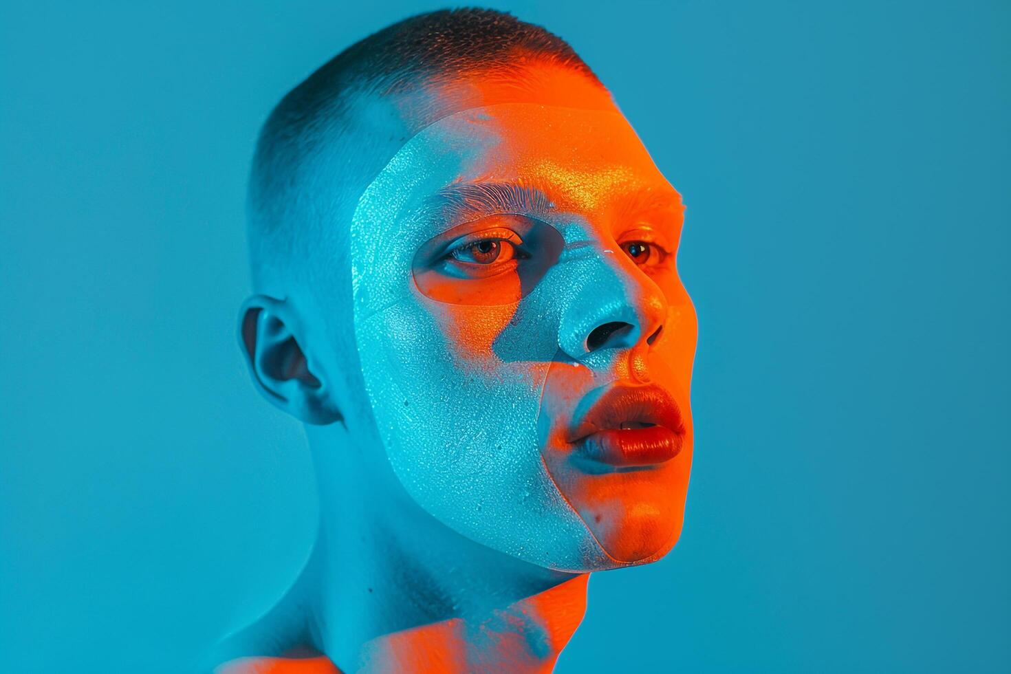 Fashion Male Model in Neon Orange Face Mask with Neon Teal Lifestyle Background Highlighting Contemporary Males portrait Style photo