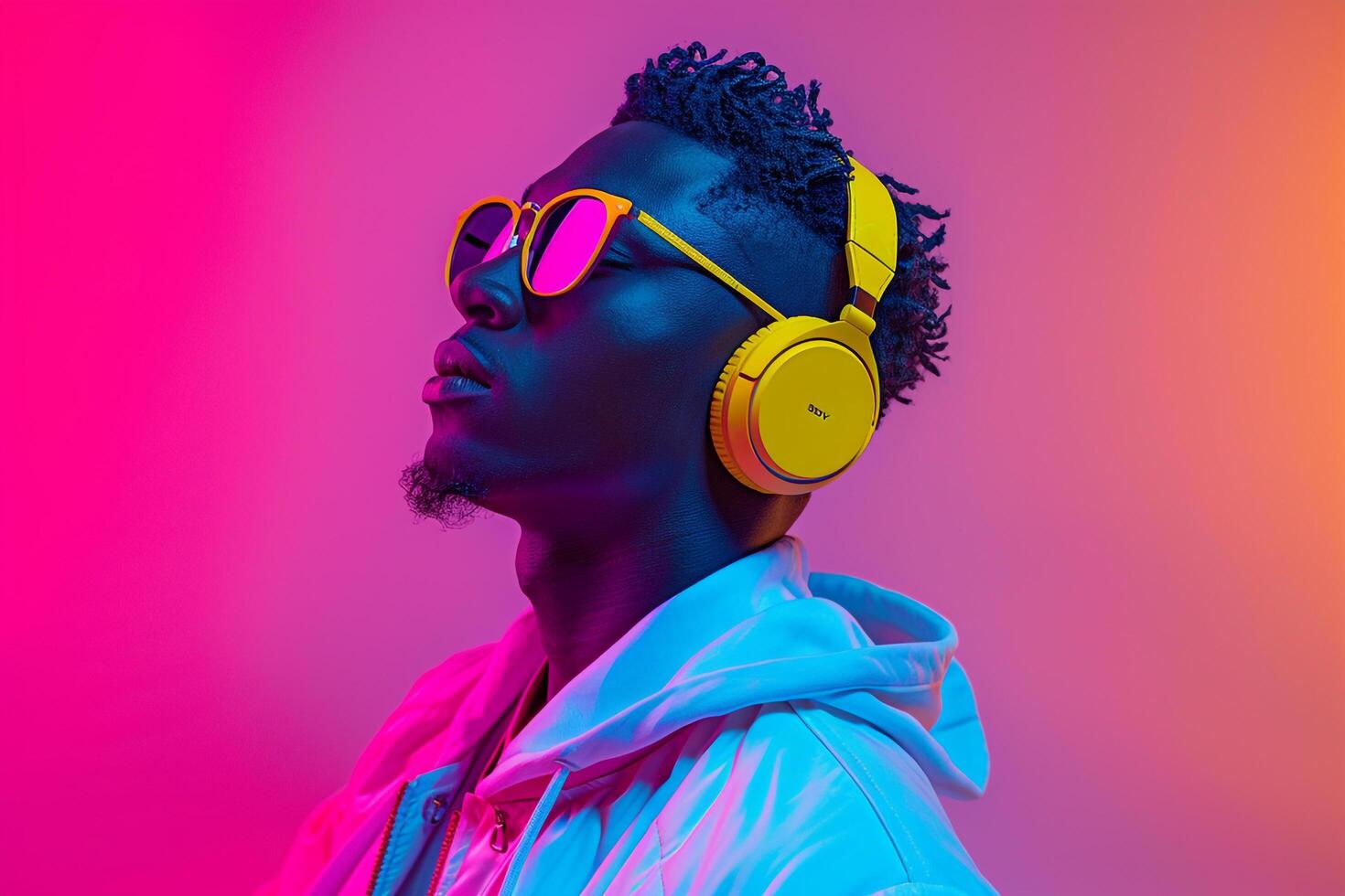 Trendy Males portrait Handsome Fashion Male Model in Neon Yellow Headphones with Neon pink Lifestyle Background photo
