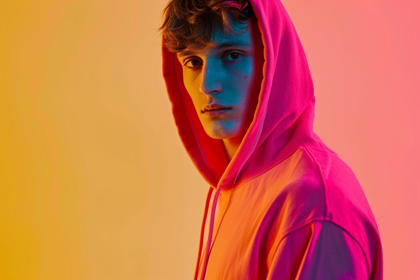 Handsome Fashion Male Model in Neon Coral Hoodie with Neon Yellow Background Featuring Trendy Males Fashion portrait photo