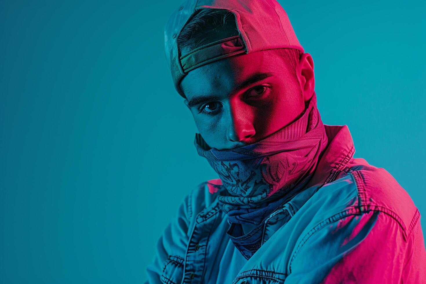 Trendy Males portrait Handsome Fashion Male Model in Neon pink Bandana with Neon Teal Lifestyle Background photo