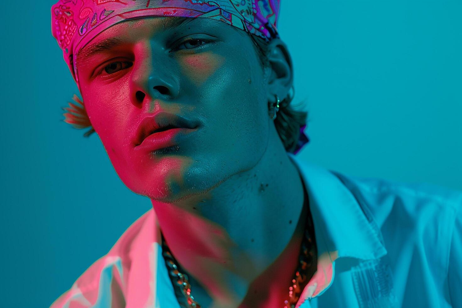 Handsome Fashion Male Model in Neon pink Bandana with Neon Teal Lifestyle Background Featuring Trendy Males portrait Fashion photo