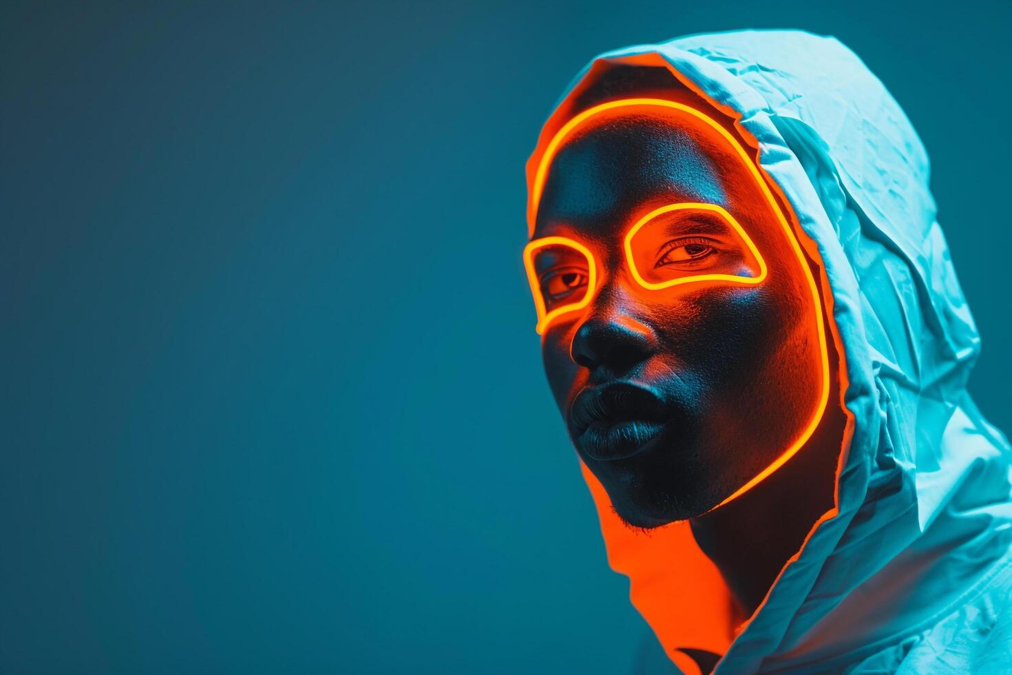 Fashion Male Model in Neon Orange Face Mask with Neon Teal Lifestyle Background Highlighting Trendy Males portrait Fashion photo