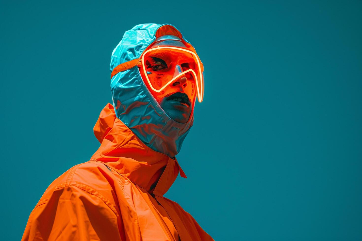 Fashion Male Model in Neon Orange Face Mask with Neon Teal Lifestyle Background emphasizing Modern Males portrait Fashion photo