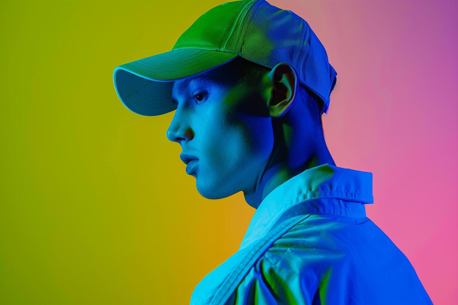 Trendy Males portrait Handsome Fashion Male Model in Neon Green Cap with Neon Blue Lifestyle Background photo