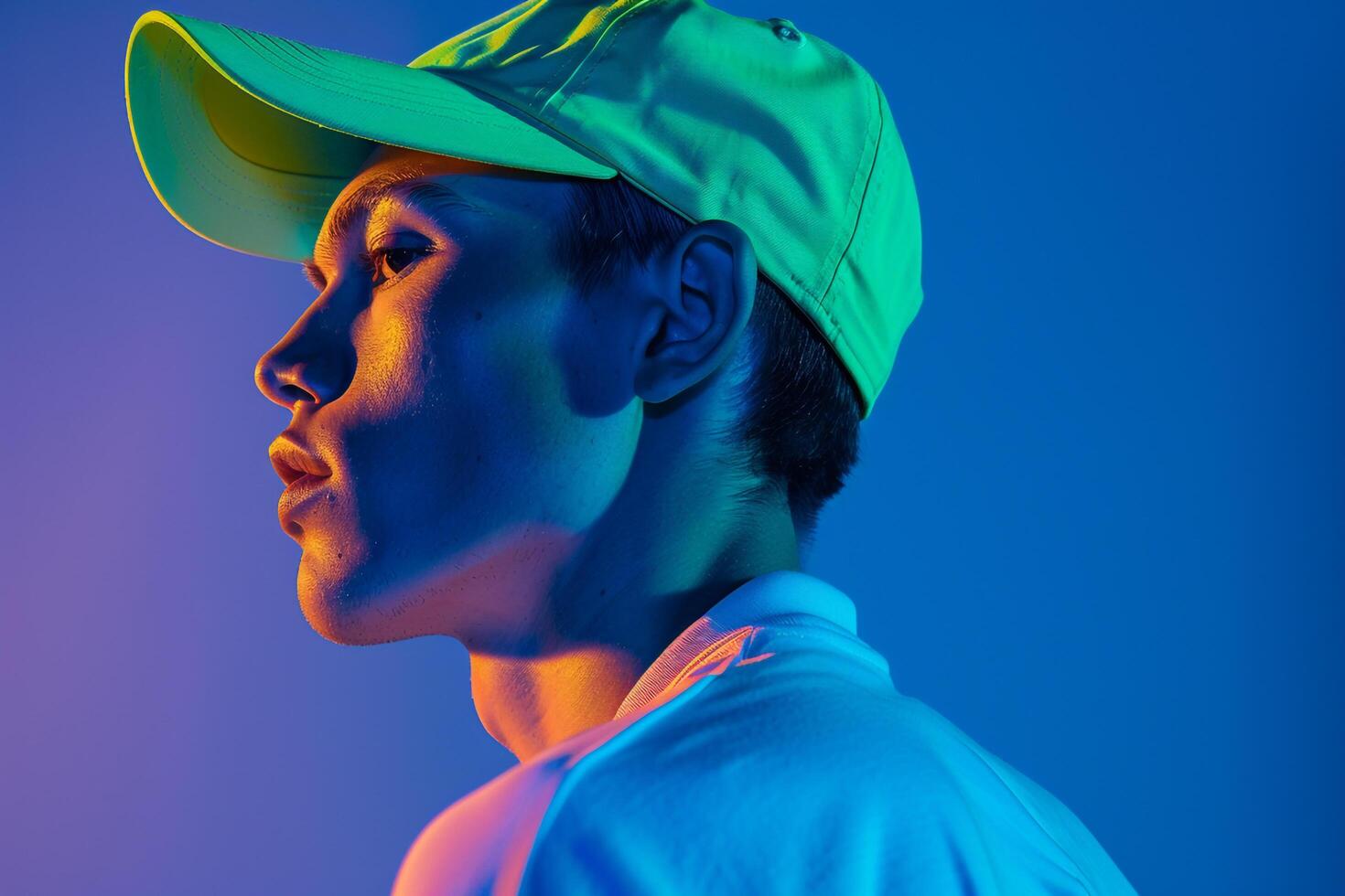 Handsome Fashion Male Model in Neon Green Cap with Neon Blue Lifestyle Background Featuring Modern Males portrait Style photo