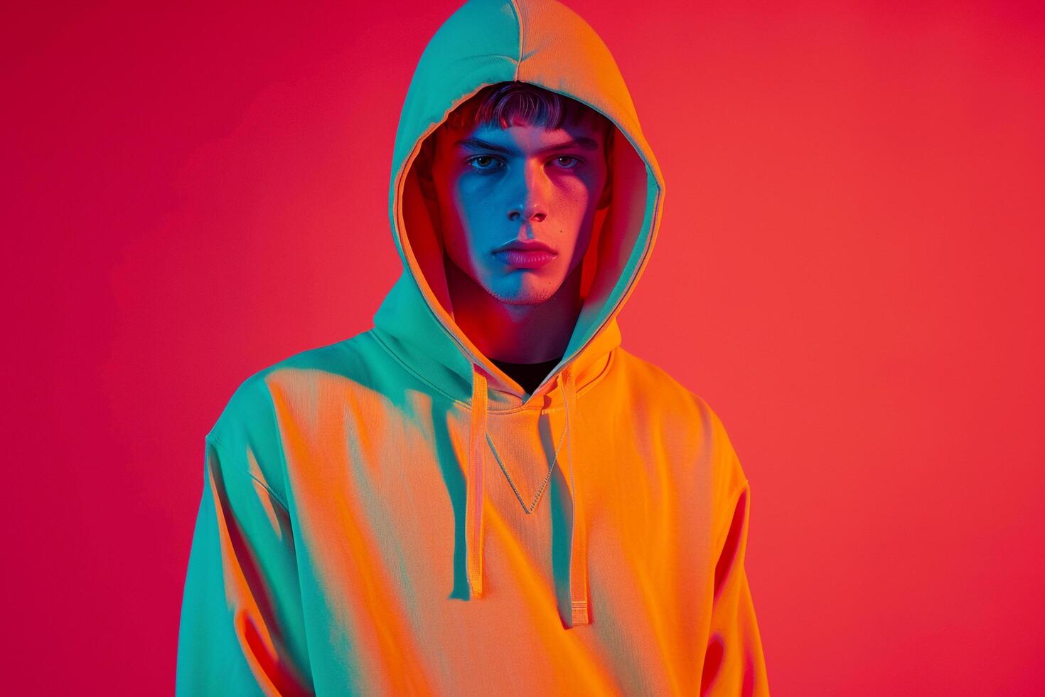 Fashion Male Model in Neon Yellow Hoodie with Neon Coral Background emphasizing Modern Males portrait Style photo
