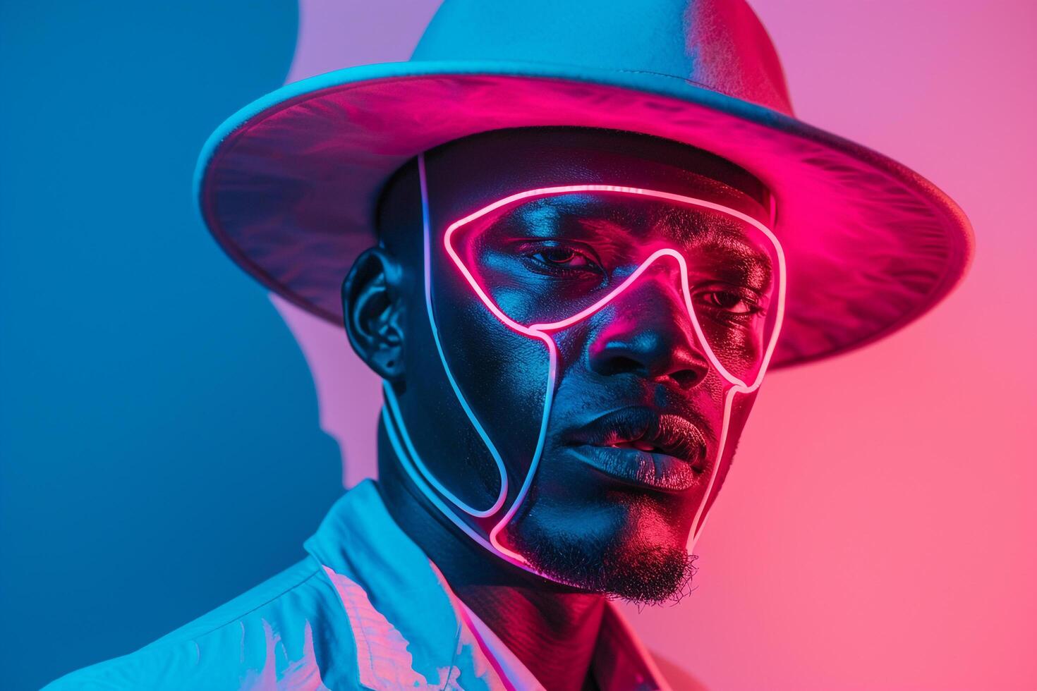 Fashion Male Model in Neon pink Face Mask with Neon Blue Background Featuring Modern Males portrait Style photo