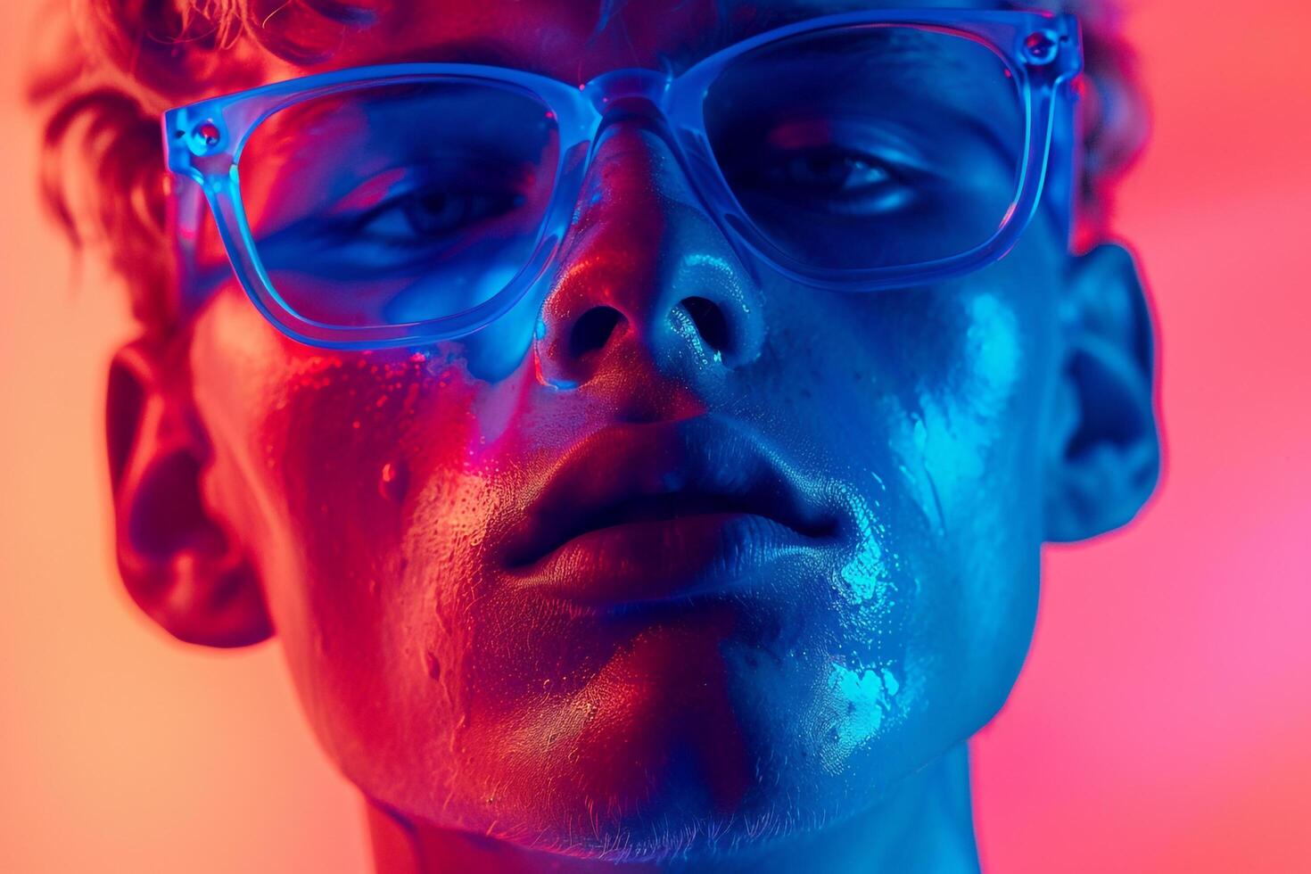 Trendy Males portrait Fashion Male Model in Neon Blue eyewear with Neon Coral Background photo