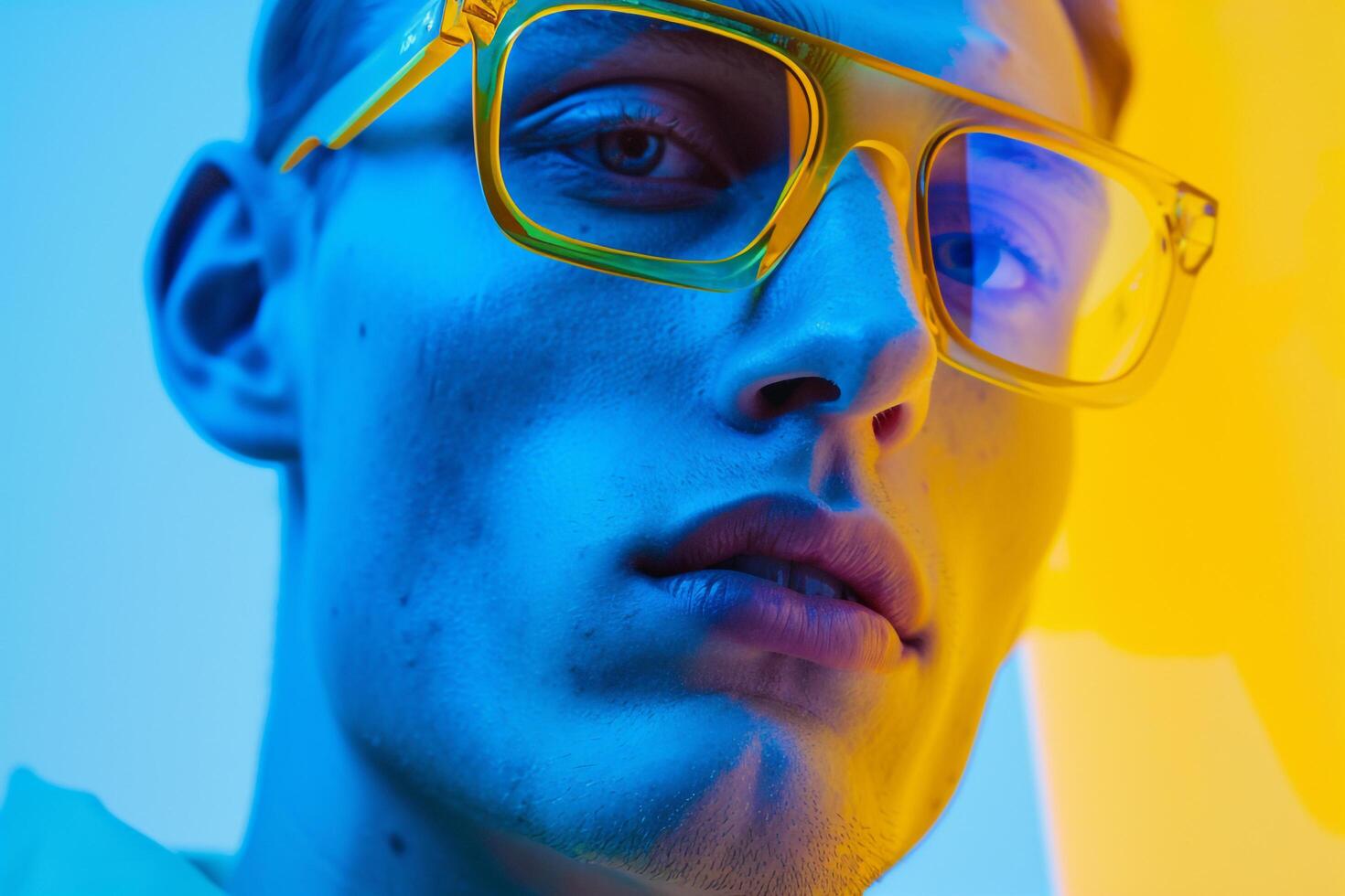 Handsome Fashion Male Model in Neon Yellow eyewear with Neon Blue Background Capturing Modern Males portrait Style photo
