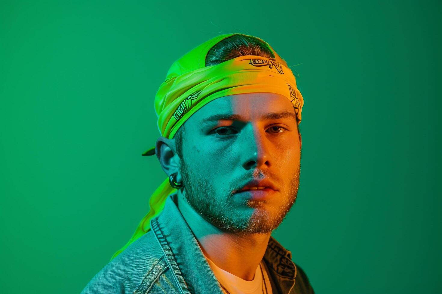 Fashion Male Model in Neon Yellow Bandana with Neon Green Background Featuring Modern Males portrait Style photo
