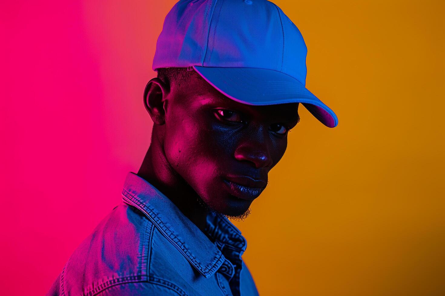 Fashion Male Model in Neon Blue Snapback with Neon Yellow Background Featuring Modern Males portrait Style photo
