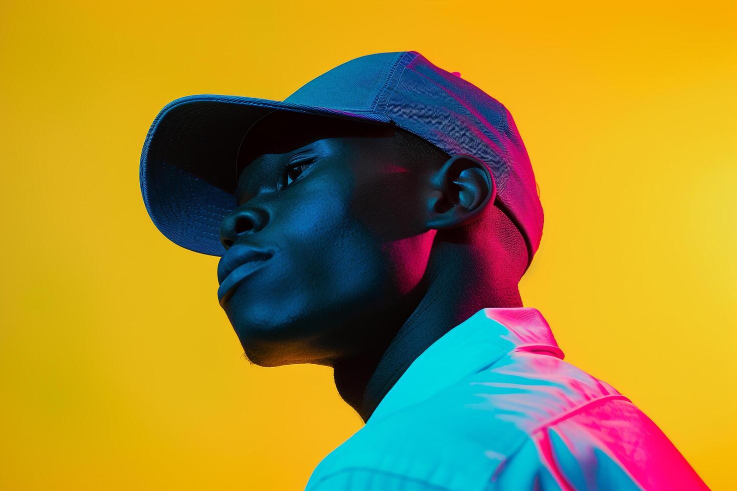 Fashion Male Model in Neon Blue Snapback with Neon Yellow Background Showcasing Contemporary Males portrait Fashion photo
