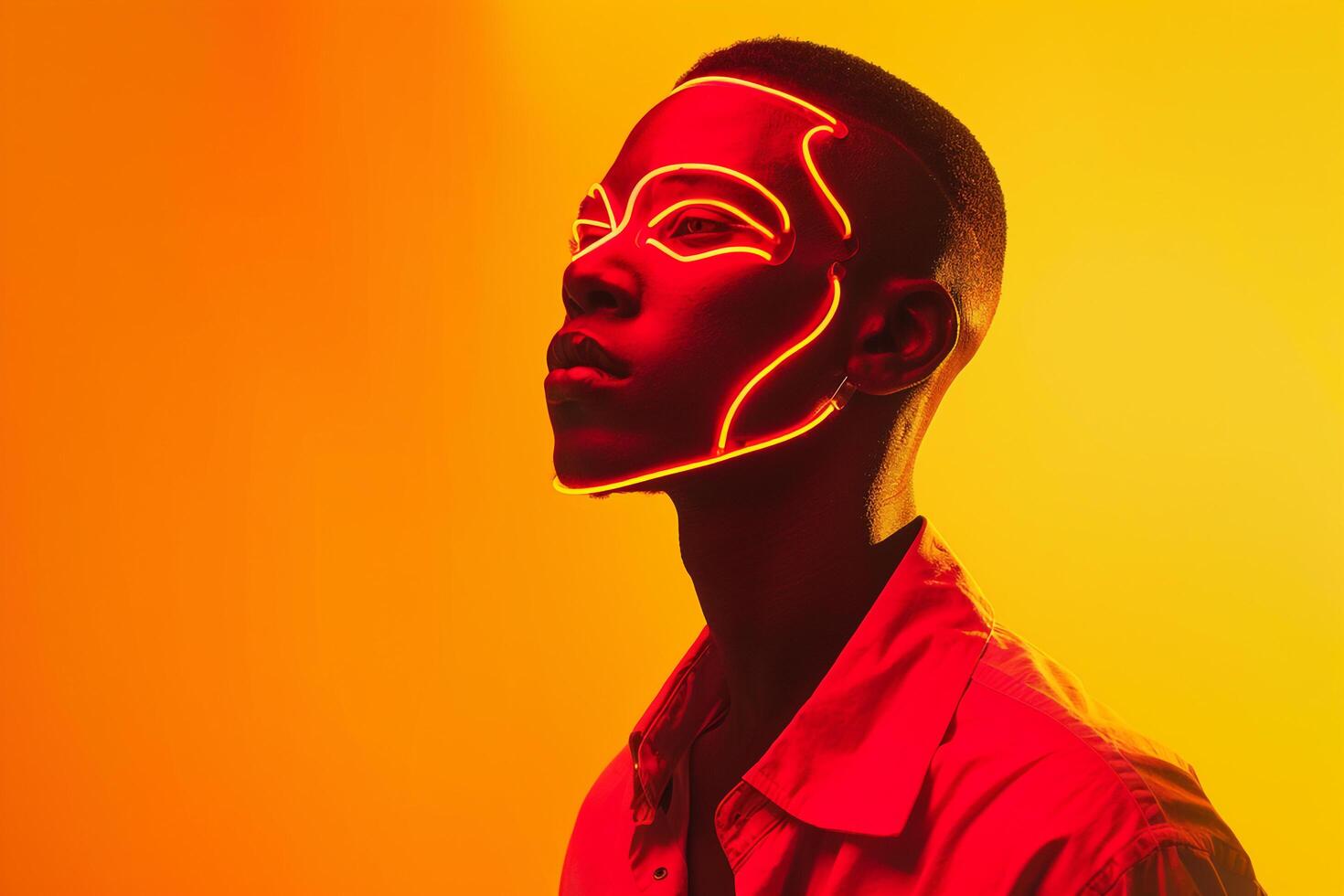 Fashion Male Model in Neon Red Face Mask with Neon Yellow Background Highlighting Contemporary Males portrait Style photo