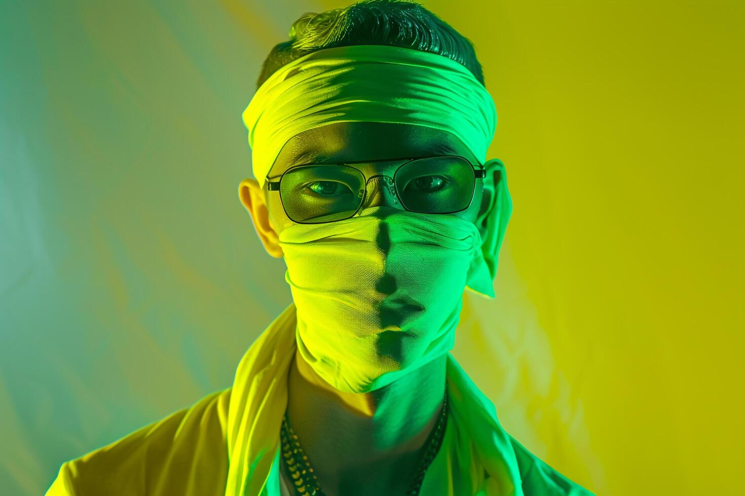 Fashion Male Model in Neon Green Bandana with Neon Yellow Background emphasizing Contemporary Males portrait Style photo