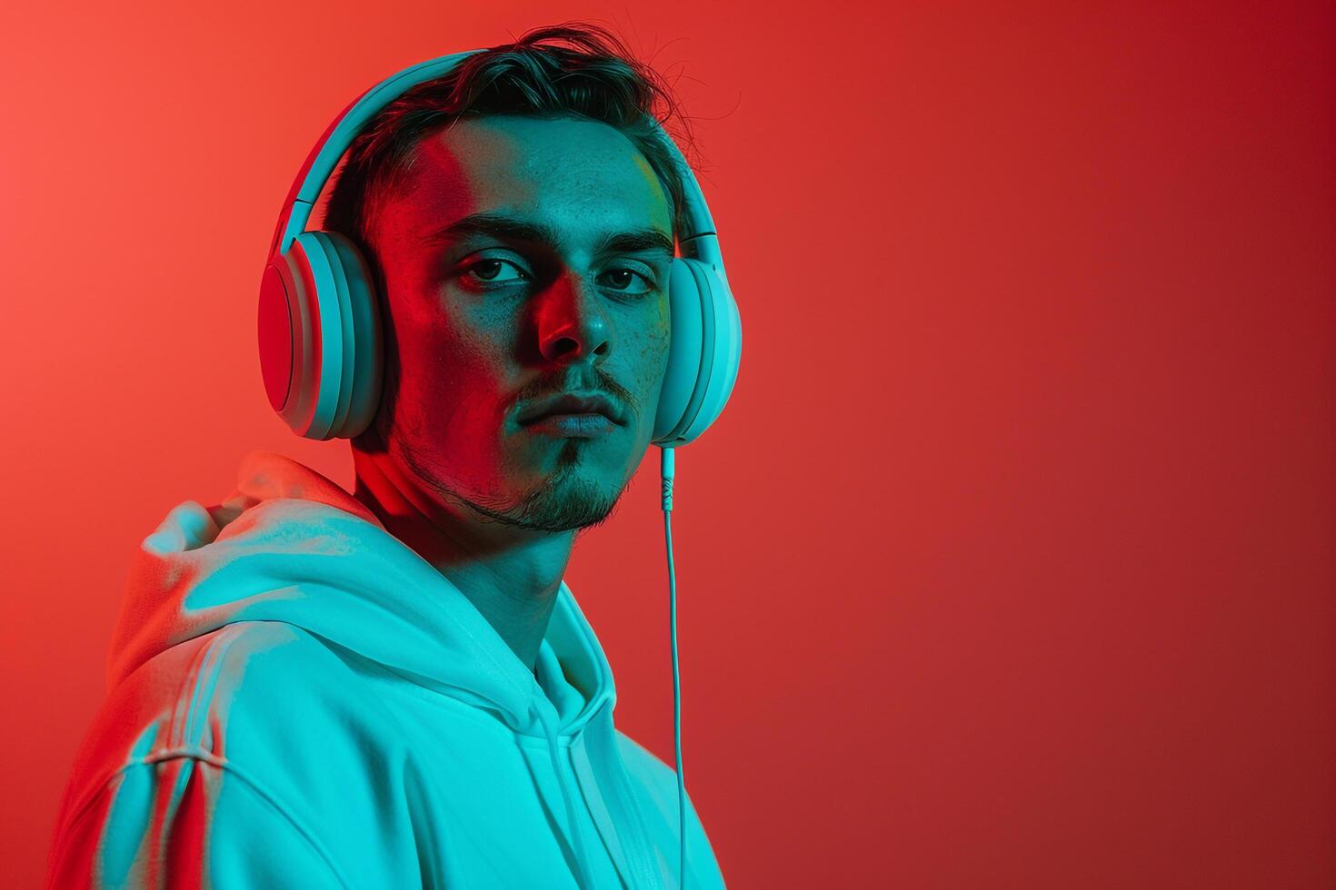 Handsome Fashion Male Model in Neon Teal Headphones with Neon Red Background Capturing Trendy Males portrait Fashion photo