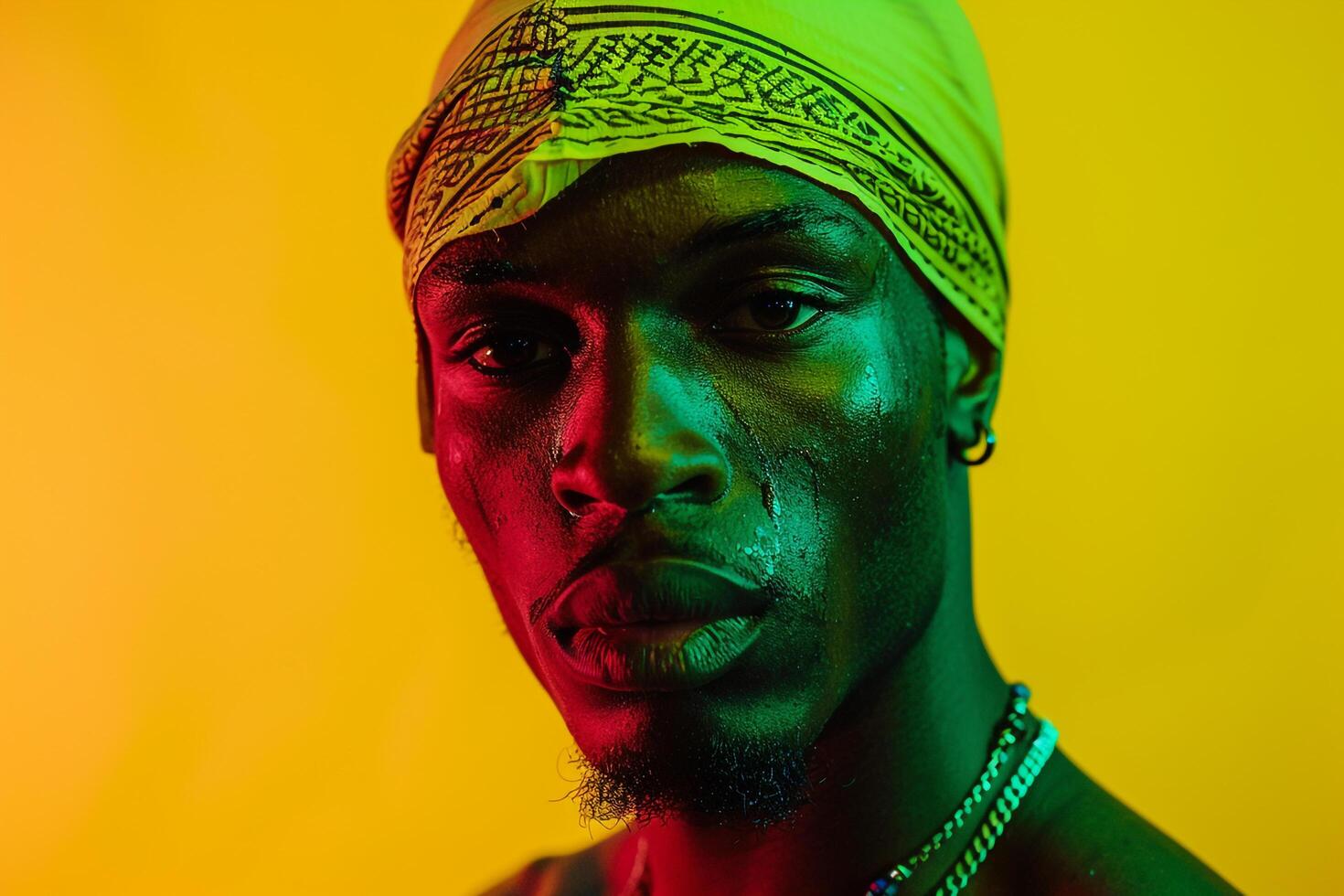 Trendy Males portrait Fashion Male Model in Neon Green Bandana with Neon Yellow Background photo