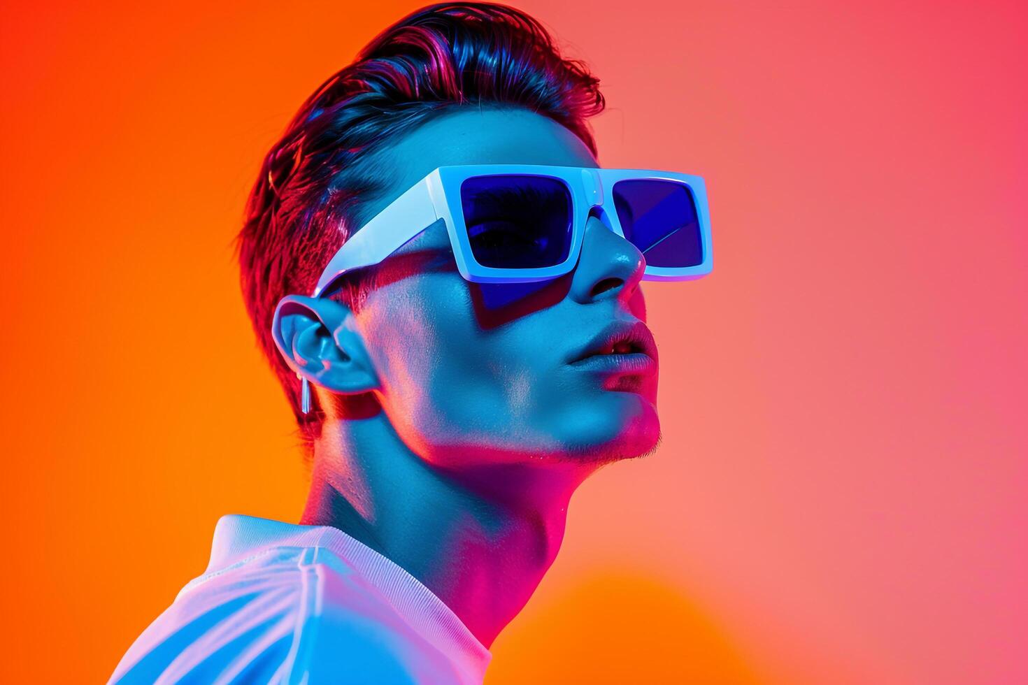 Handsome Fashion Male Model in Neon Blue eyewear with Neon Coral Background Showcasing Modern Males portrait Style photo
