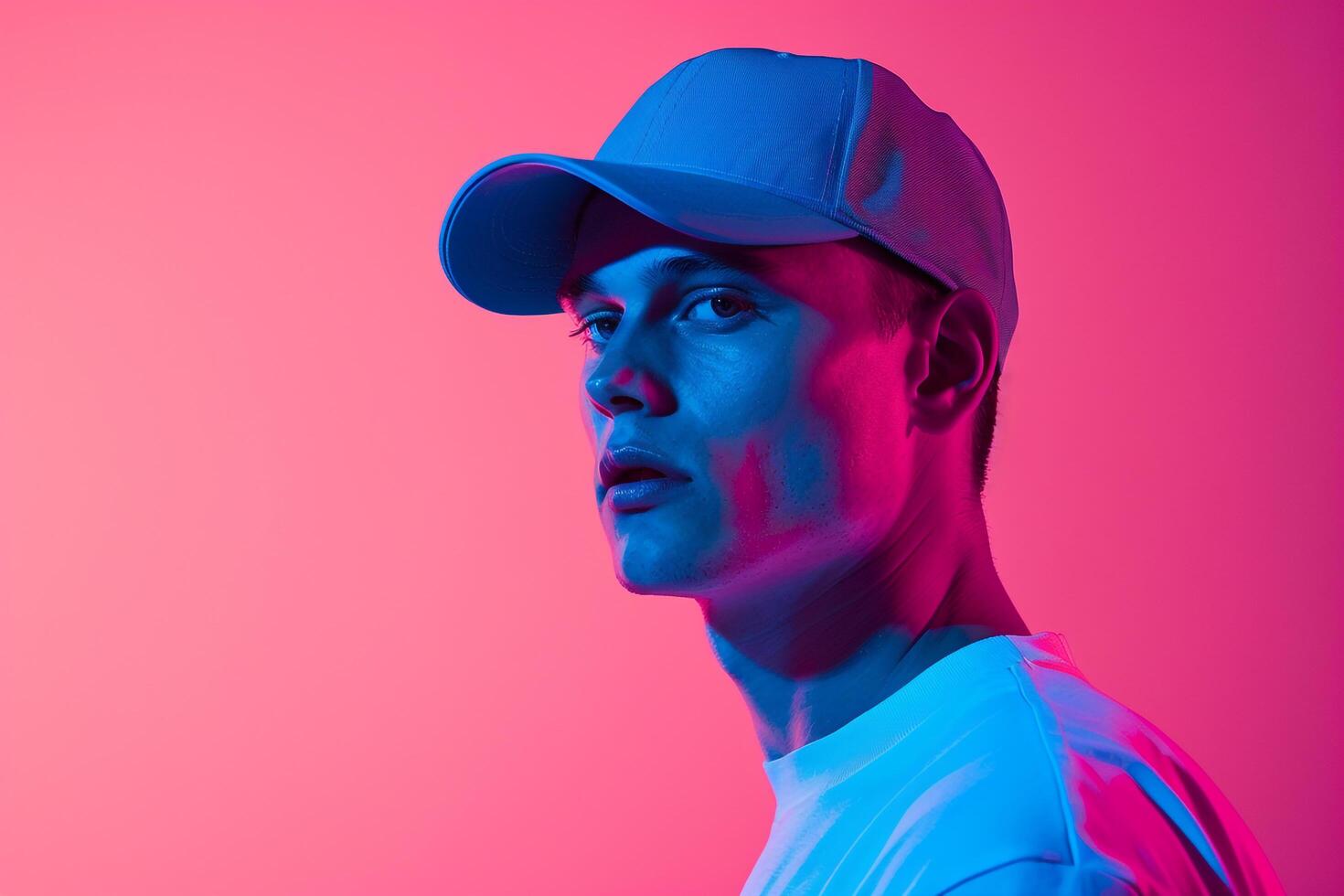 Trendy Males portrait Fashion Male Model in Neon Blue Cap with Neon pink Background photo