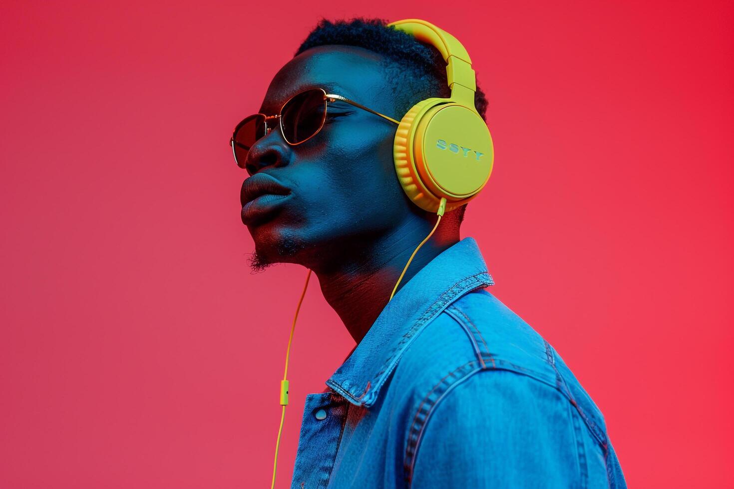 Trendy Handsome Male Model in Neon Yellow Headphones with Neon Coral Background Ideal for Males portrait Lifestyle Showcasing Vibrant Fashion Trends photo