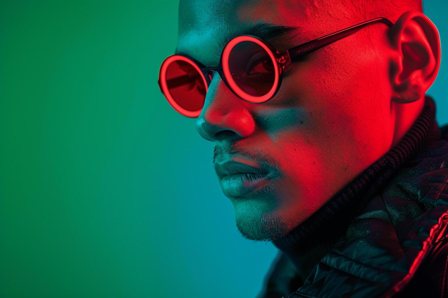 Handsome Fashion Male Model in Neon Red eyewear with Neon Green Background Featuring High end Males portrait Lifestyle with Bold and Unique Fashion Choices photo